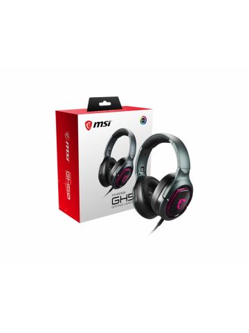 MSI IMMERSE GH50 7.1 Virtual Surround Sound RGB Gaming Headset 'Black with Ambient Dragon Logo, RGB Mystic Light, USB, inline audio controller, 40mm Drivers, detachable Mic'