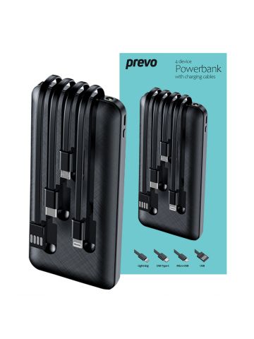 PREVO SP2010 Power Bank,10000mAh Portable Charging for Smart Phones, Tablets and Other Devices, Charge 4 Devices with Prefitted Lightning, USB Type-C, Micro-USB & USB Cables, LED Torch, Black