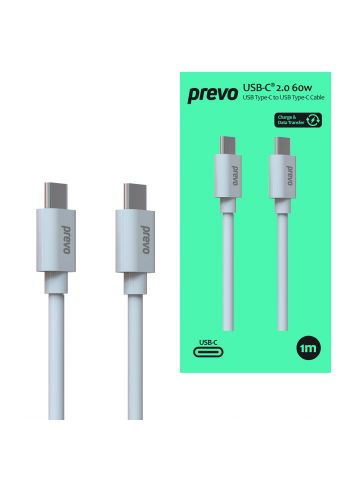 PREVO USB 2.0 60W C to C PVC cable, 20V/3A, 480Mbps, INJECTION MOULDING + PVC, +TPE+ C TID certification, White, Superior Design & Perfornance, Retail Box Packaging