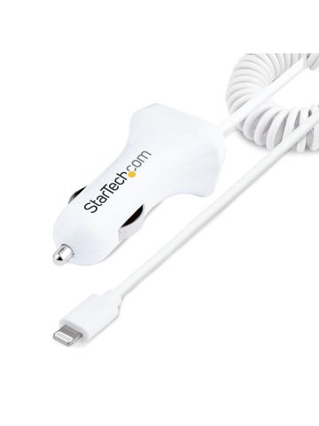 StarTech.com Lightning Car Charger with Coiled Cable, 1m Coiled Lightning Cable, 12W, White, 2 Port USB Car Charger Adapter for Phones and Tablets, Dual USB In Car iPhone Charger