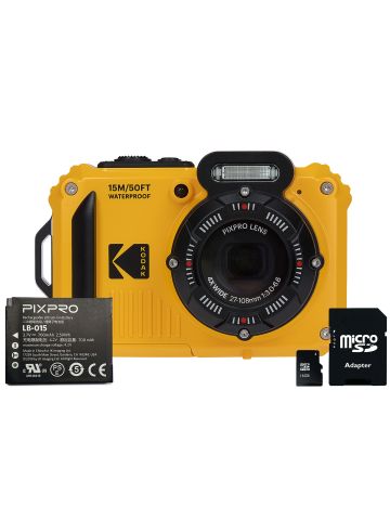 Kodak PIXPRO WPZ2 16MP 4x Zoom Tough Camera Kit inc Additional LB-015 Li-Ion Battery & 16GB MicroSD Card - Yellow