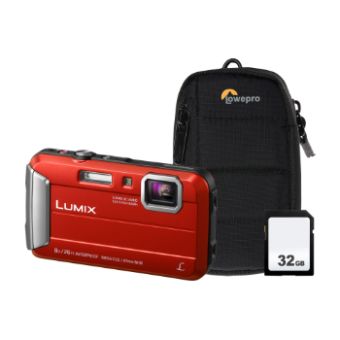 Panasonic Lumix DMC-FT30 16.1MP 4x Zoom Tough Compact Camera, 32GB SD Card & Case - Red