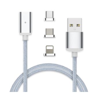 JLC Magnetic 3 in 1 Charging Cable Lightning, Micro USB and Type C 1 Metre - Silver